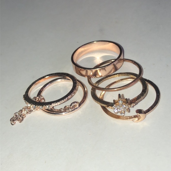 Jewelry - Gold Tone Celestial Ring Set - Sparkling Star & Moon Stackable Bands